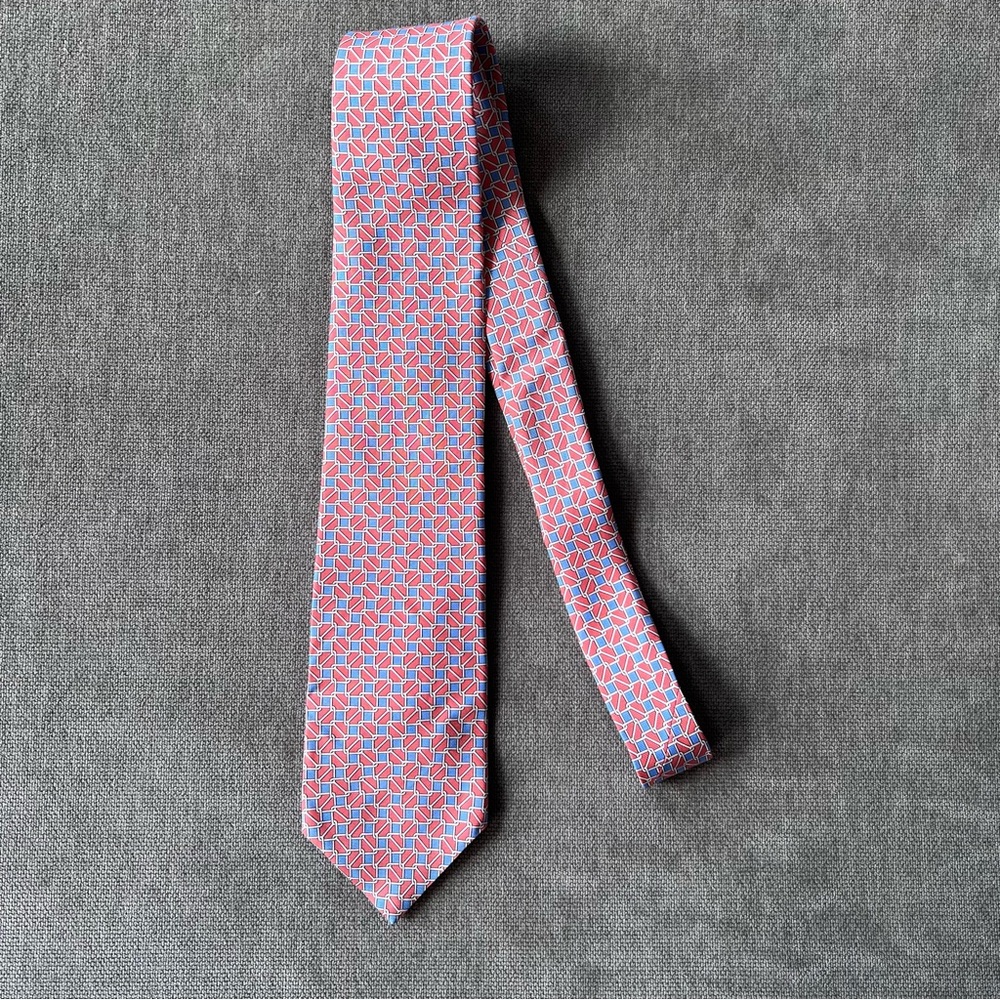 Brooks Brothers Silk Tie Salmon Blue Geometric Chain Link Print L/XL